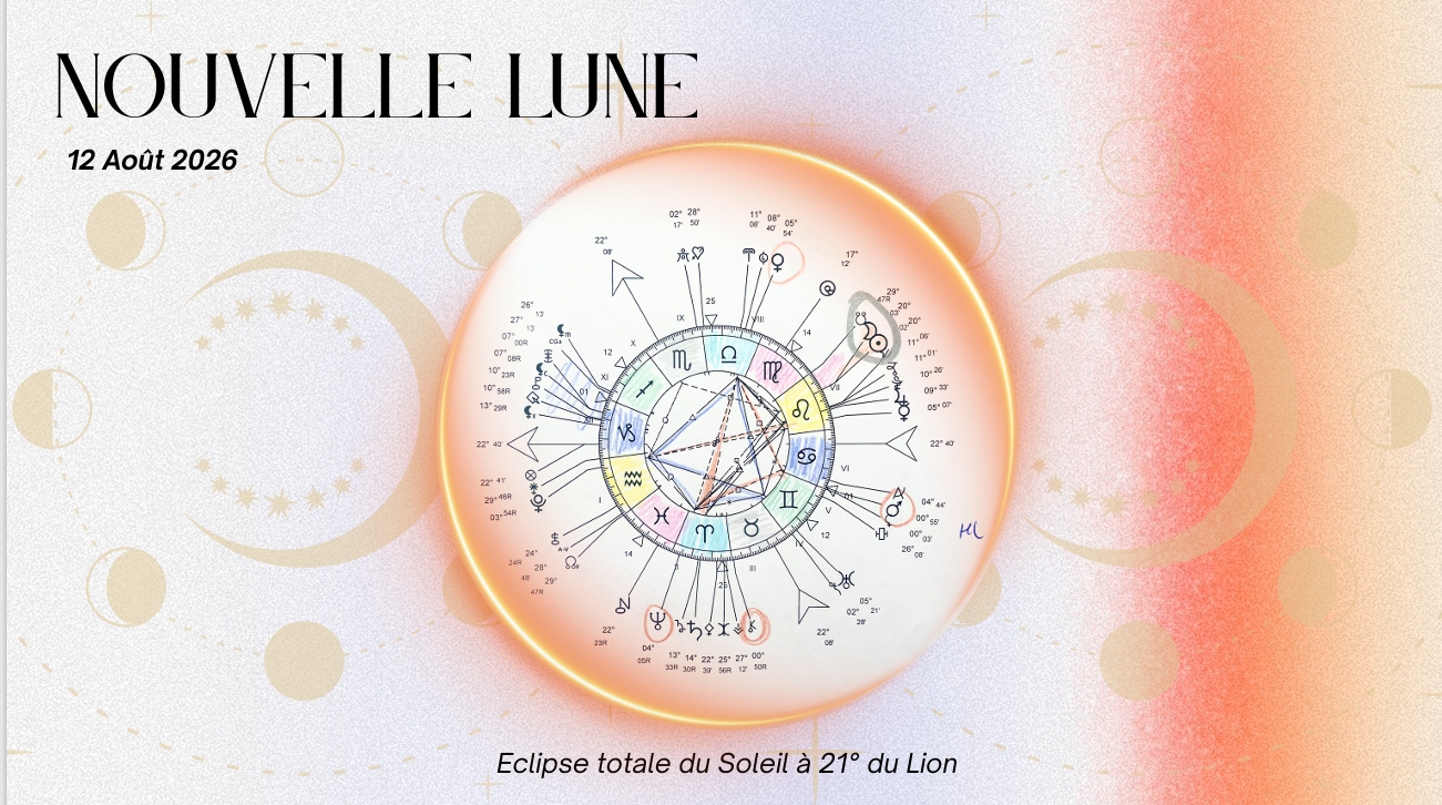 Eclipse totale au noeud sud de nouvelle lune 21° Lion, le 12 août 2026 - Quel est le rôle de Neptune Bélier et de Vénus Balance ?